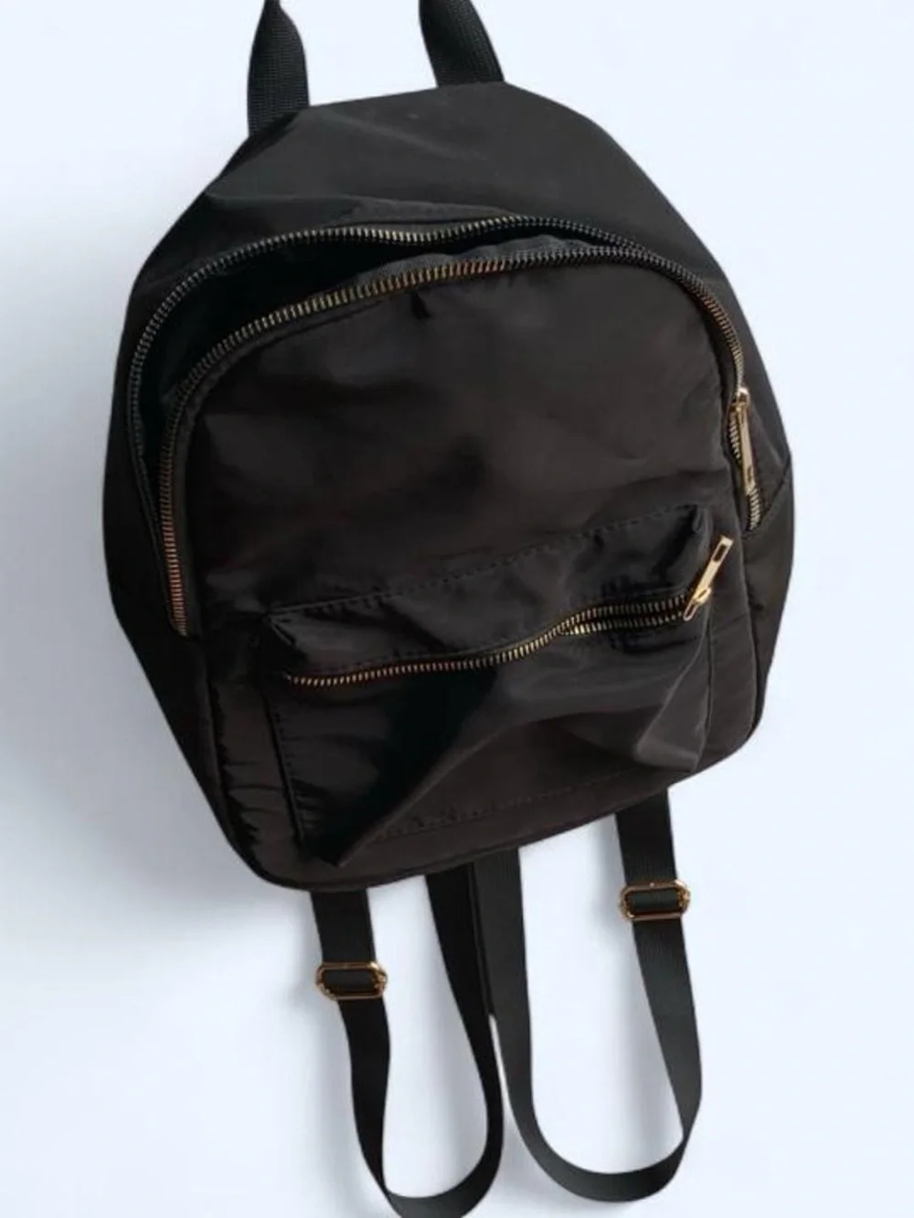 Classic Black Nylon Backpack with Gold Zippers